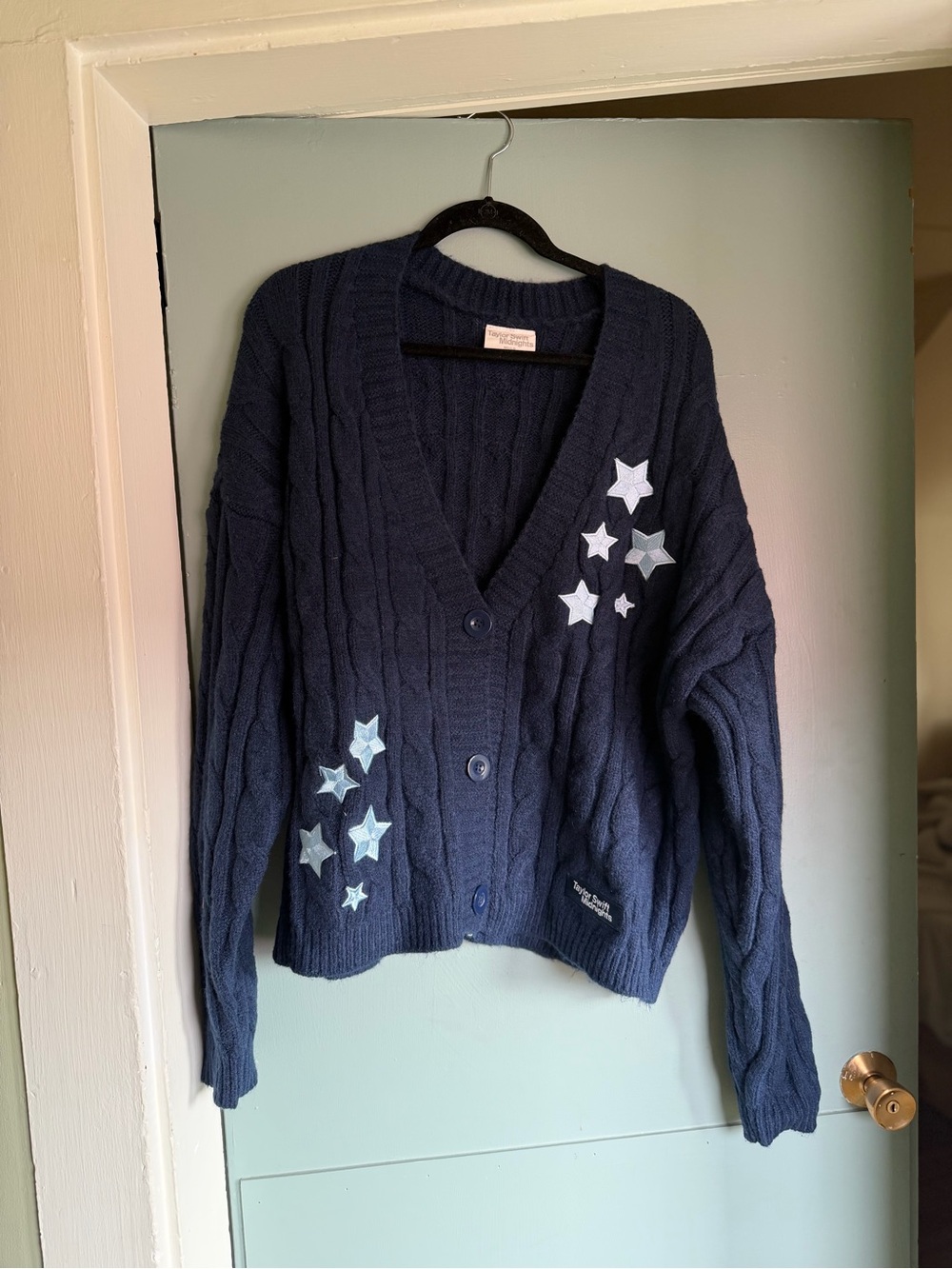 Taylor Swift Navy Cable Knit Cardigan with Star Appliqués